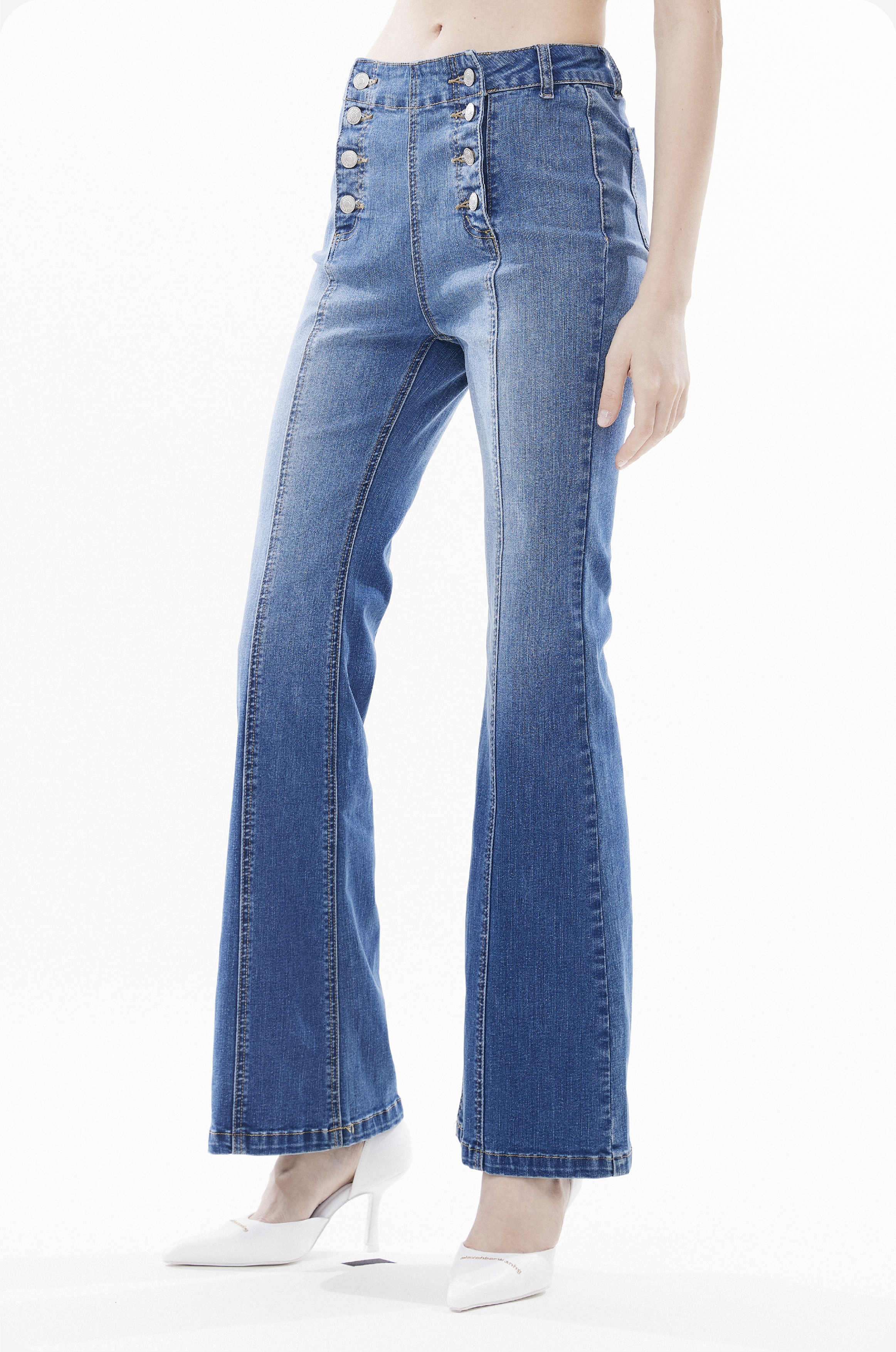 Water-washed High-waisted Flared Stretch Denim