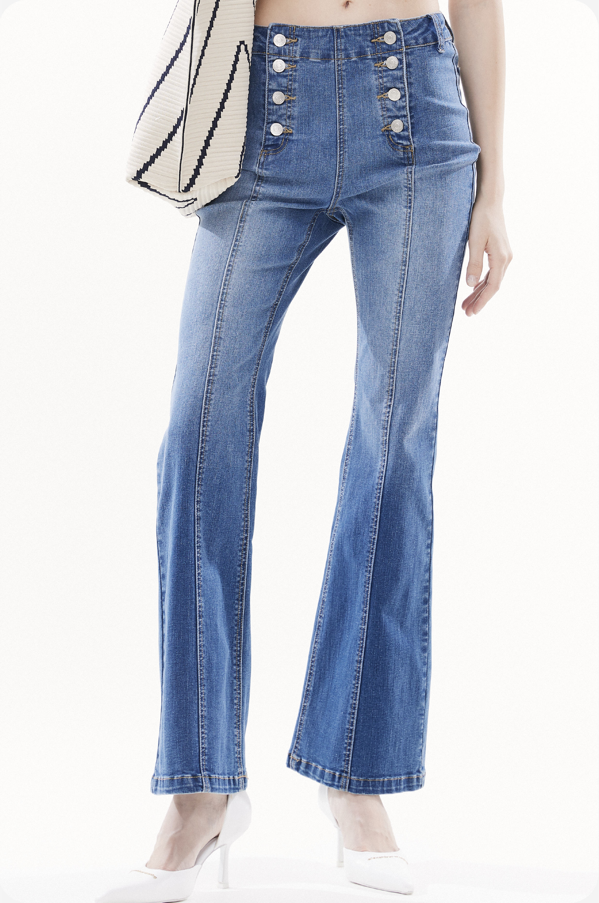 Water-washed High-waisted Flared Stretch Denim