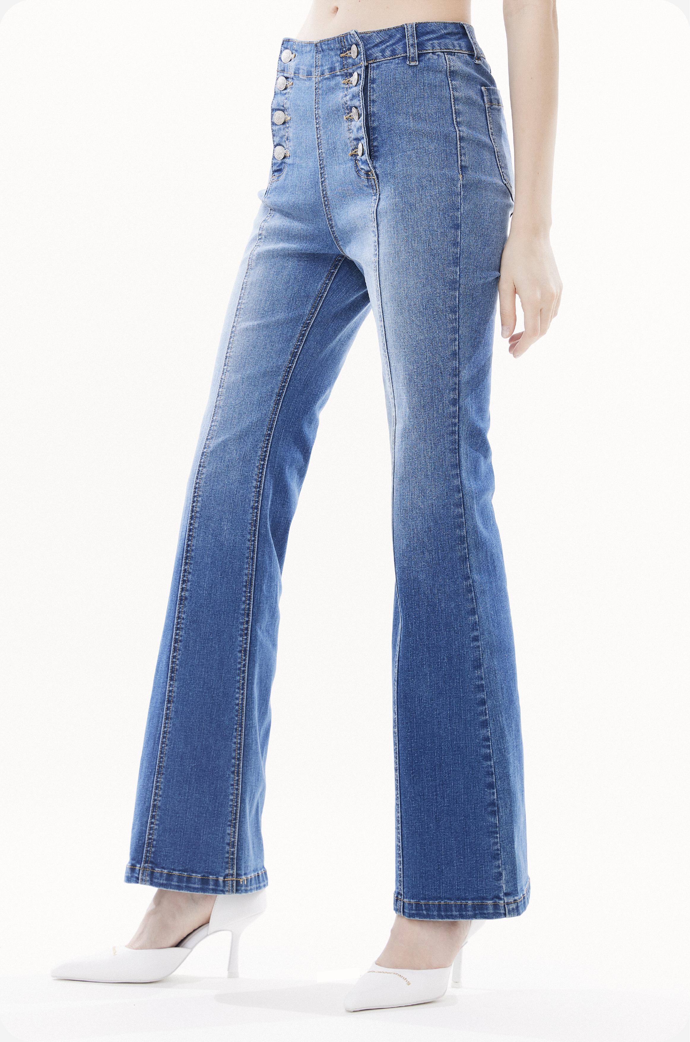 Water-washed High-waisted Flared Stretch Denim