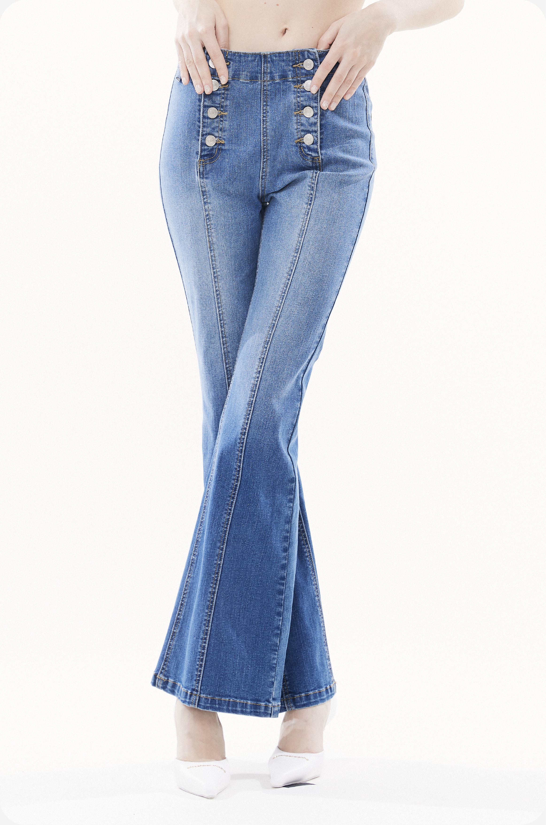 Water-washed High-waisted Flared Stretch Denim