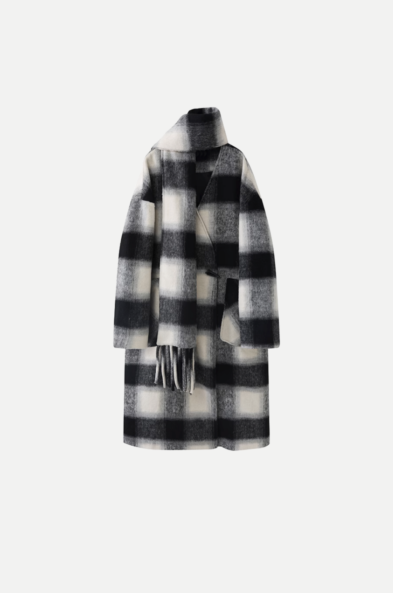 Elegant Check Long Coat With Scarf