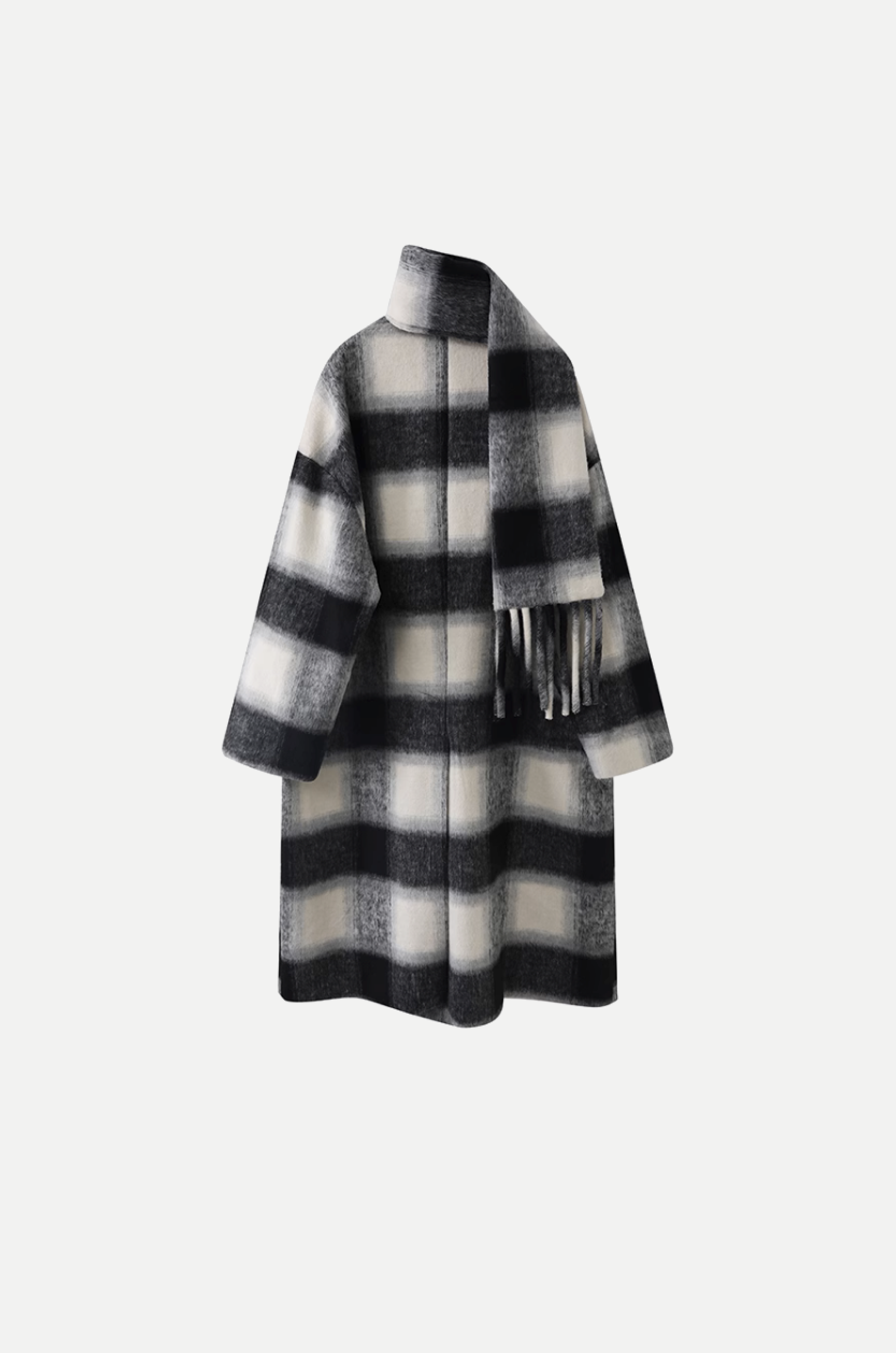 Elegant Check Long Coat With Scarf